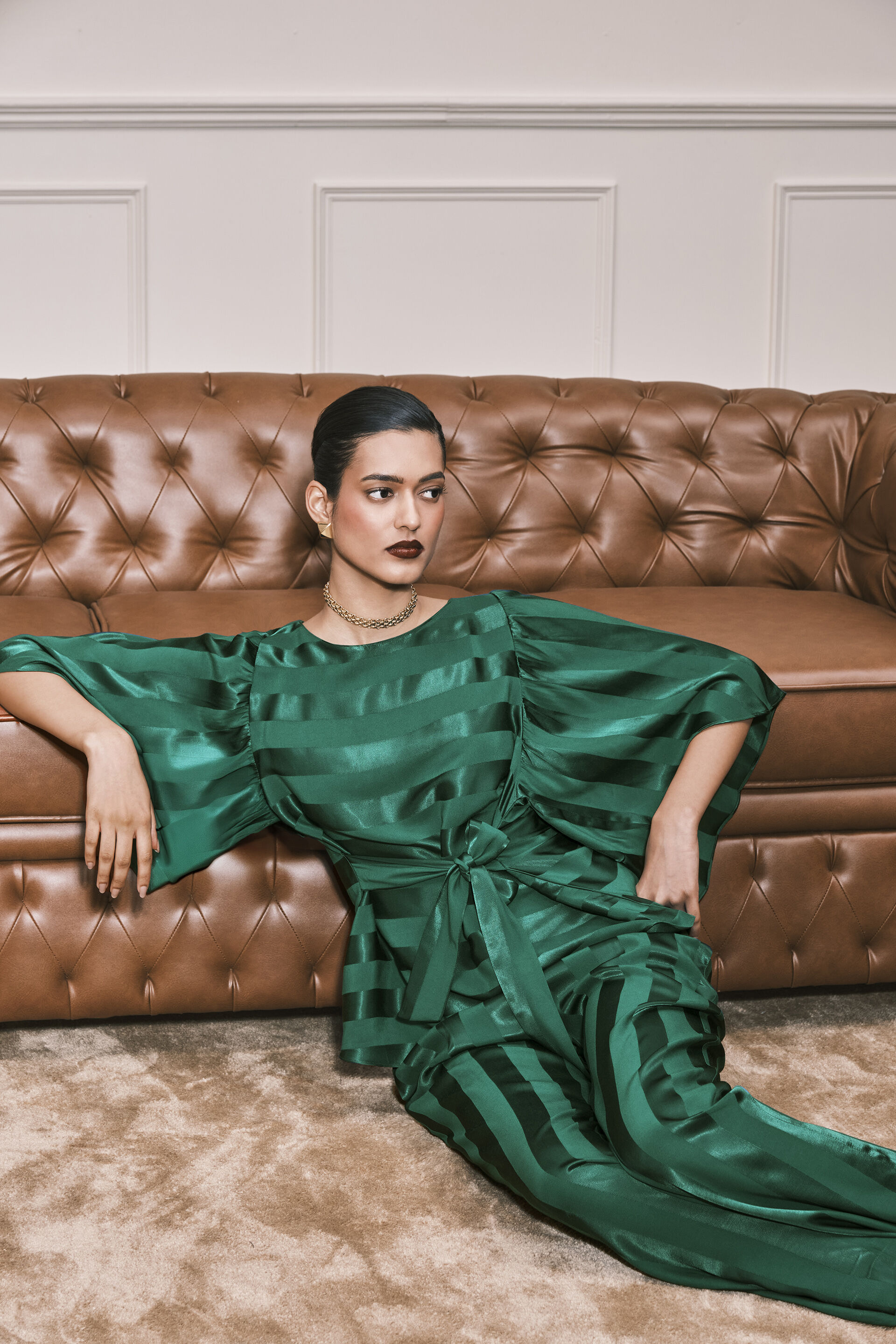 Stripes in Stack Satin Co-ord Set, Green, image 2